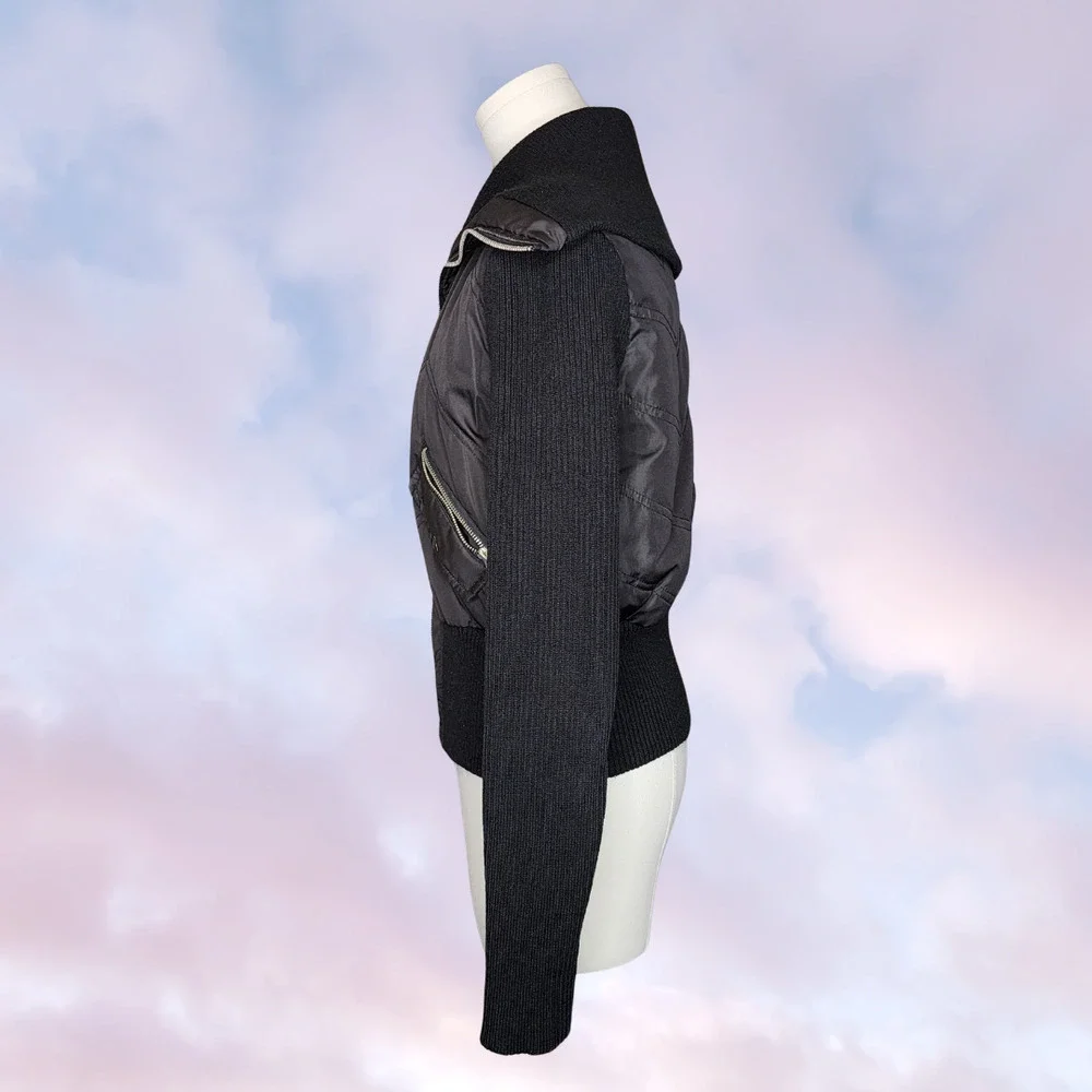 Y2k Vtg Ashley International Black Zip Grunge Puffer Ribbed Knit Sleeve Jacket L - Picture 3 of 5